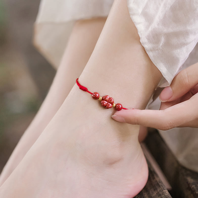 Cinnabar String Bracelet with Four Leaf Clover for Calm & Blessing