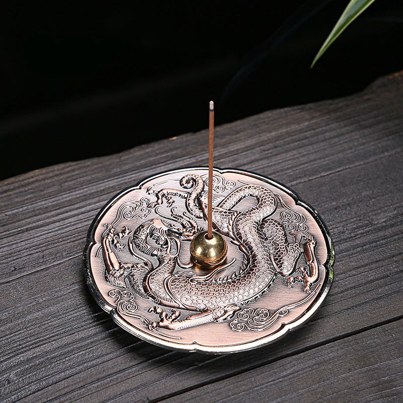 Round Dragon Incense Burner 9.2cm Copper Alloy Meditation Decor