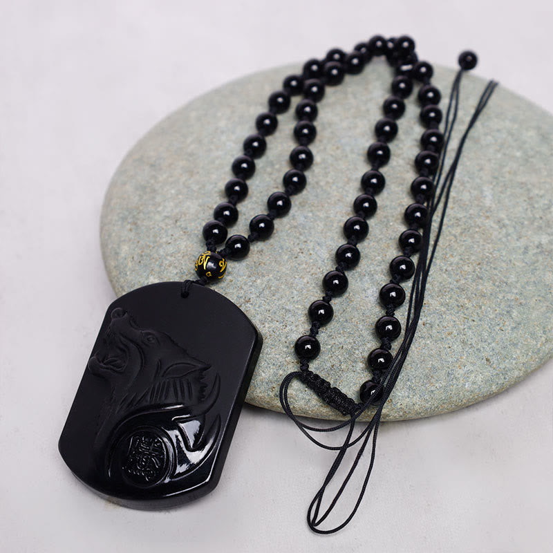 Black Obsidian Wolf Purification Pendant Necklace