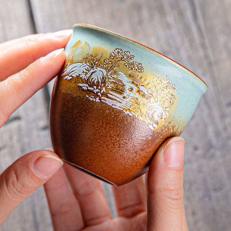 Ceramic Zen Teacup with Deer & Mountain Designs 150ml