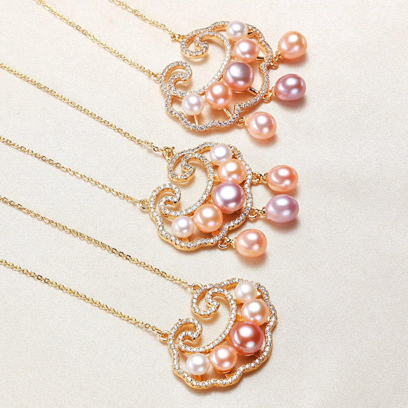18K Gold Plated Pearl Necklace with Chinese Lock Charm for Sincerity
