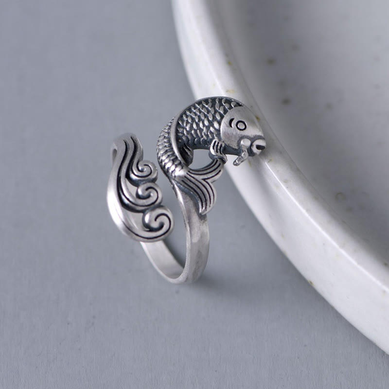 Adjustable 925 Sterling Silver Koi Fish Luck Prosperity Ring