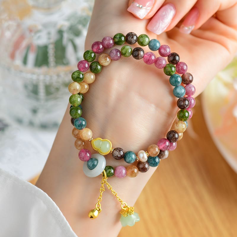 Multicolored Tourmaline Wisdom Double Wrap Charm Bracelet