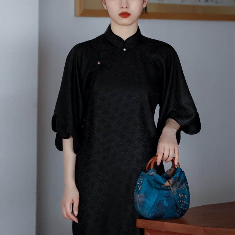 Blue Handmade Jacquard Flower Wooden Handle Bag 23cm