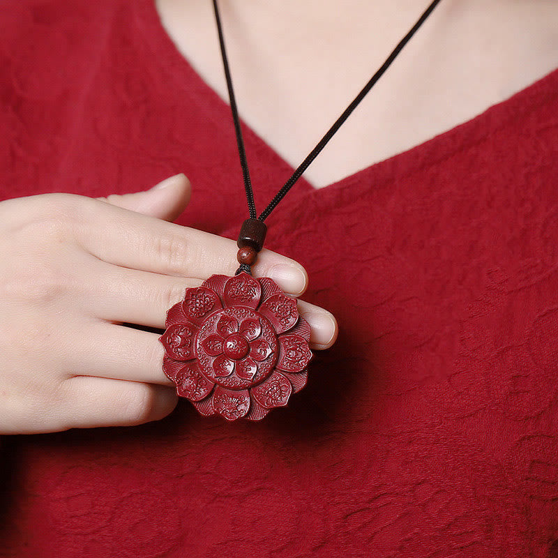 Natural Cinnabar Lotus Om Mani Padme Hum Pendant Necklace | Protection