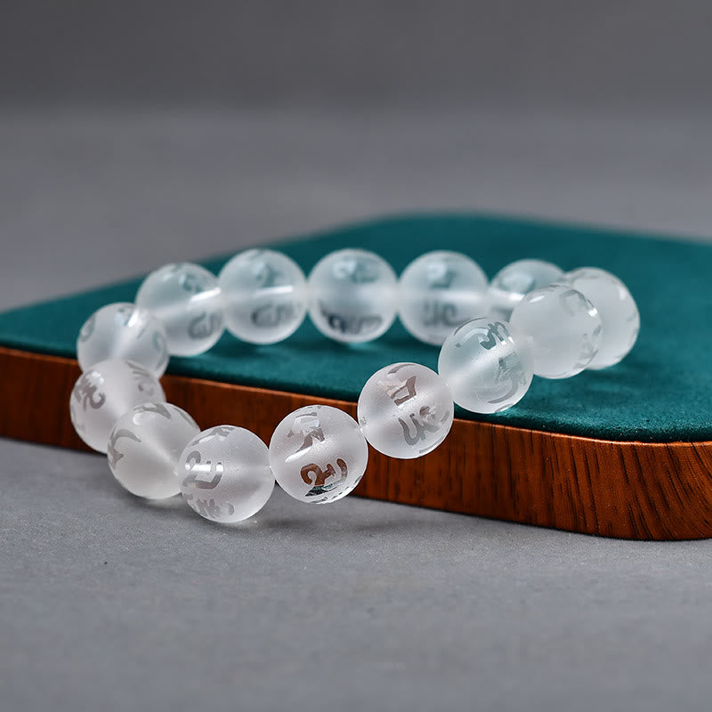 8mm White Crystal Om Mani Padme Hum Protection Bracelet