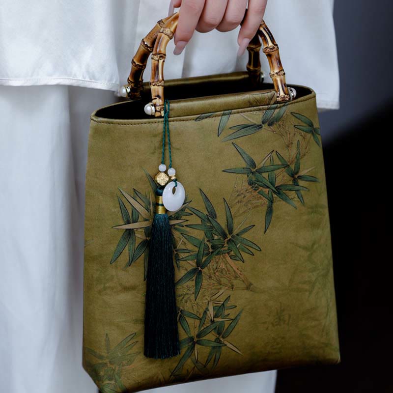 Yellow Green Bamboo Leaves Handbag with Bamboo Handles | Spiritual Accessory