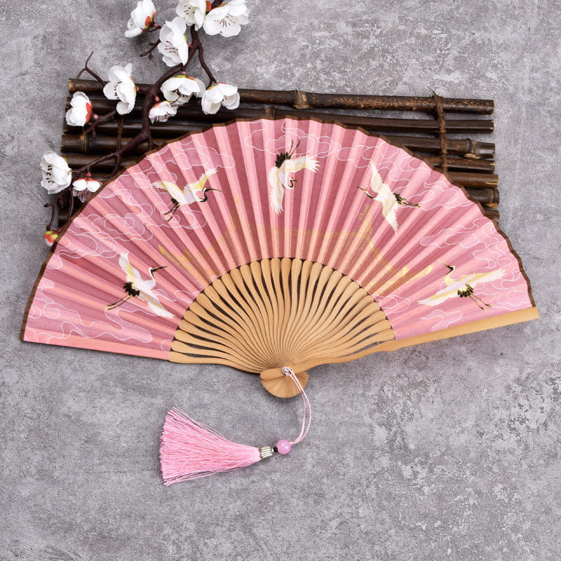 Classic Bamboo Hand Fan | Vintage Cloud Crane Pattern