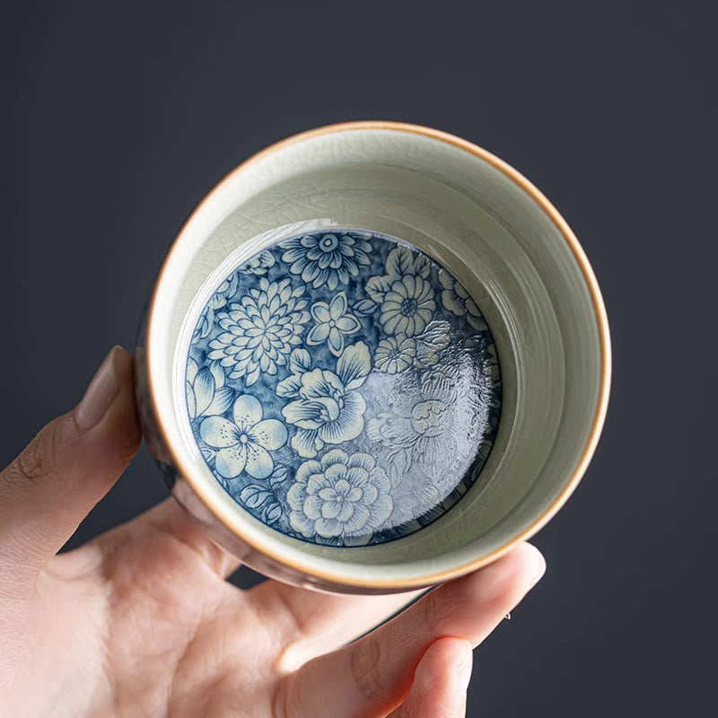 Ceramic Zen Tea Cup with Blue Lotus & Chrysanthemum Design 95ml