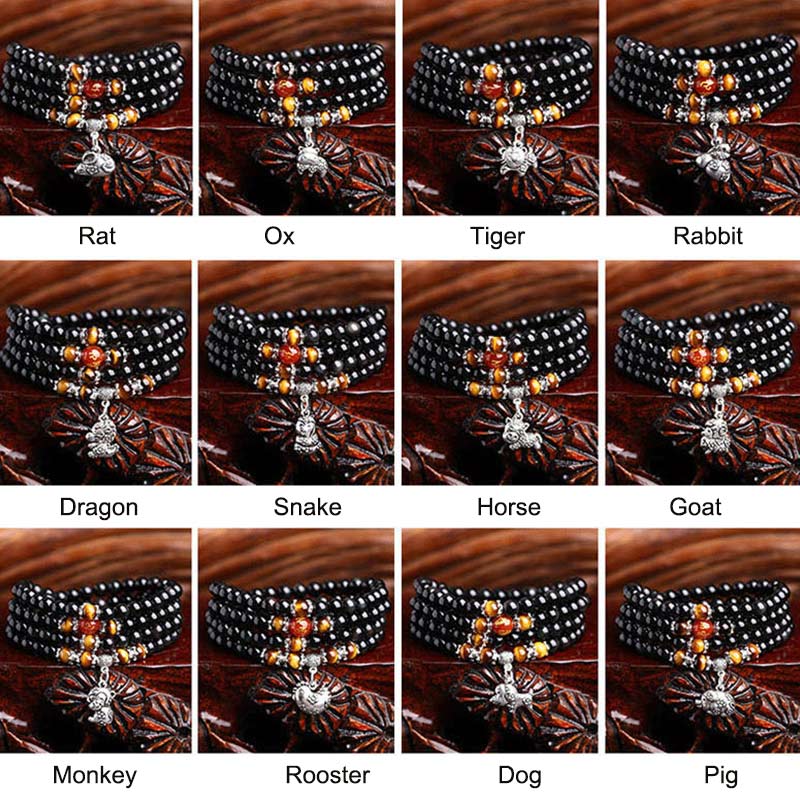 108 Beads Black Obsidian Tiger Eye Chinese Zodiac Bracelet