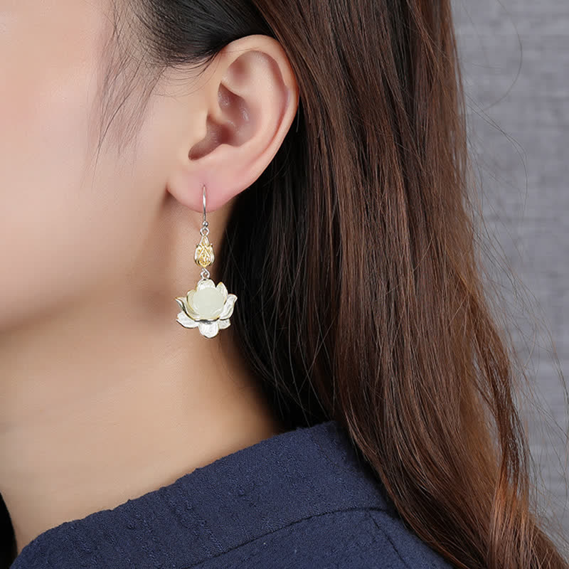 White Jade Protection Harmony Lotus Drop Earrings