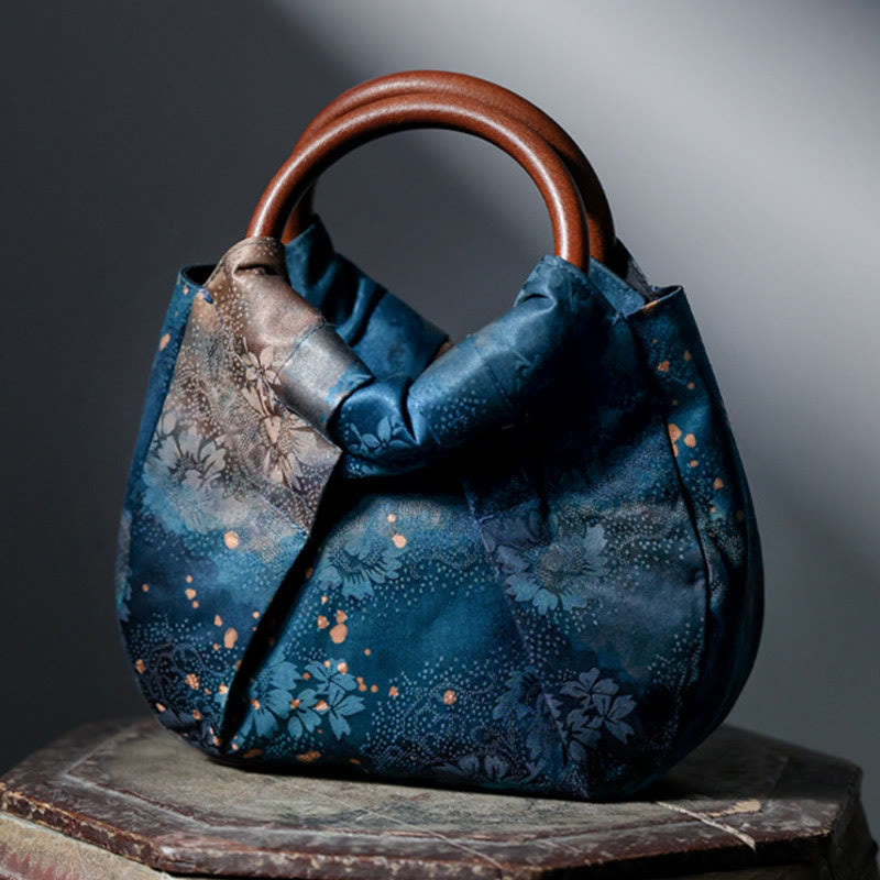Blue Handmade Jacquard Flower Wooden Handle Bag 23cm