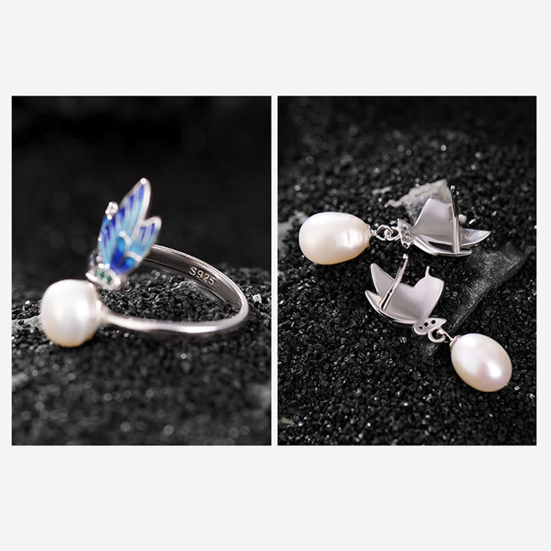925 Sterling Silver Pearl Butterfly Healing Jewelry Set