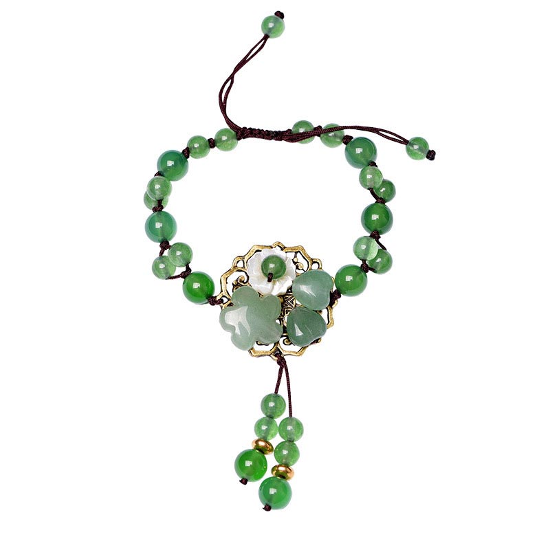 Unisex Green Jade Luck Flower Charm Bracelet 6-10mm Beads