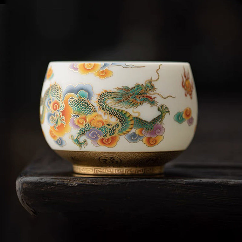 Dragon Phoenix Ceramic Teacup with Auspicious Clouds | Zen Decor
