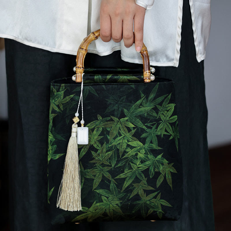 Bamboo Leaves Butterfly Koi Fish Handbag with Jade Handles
