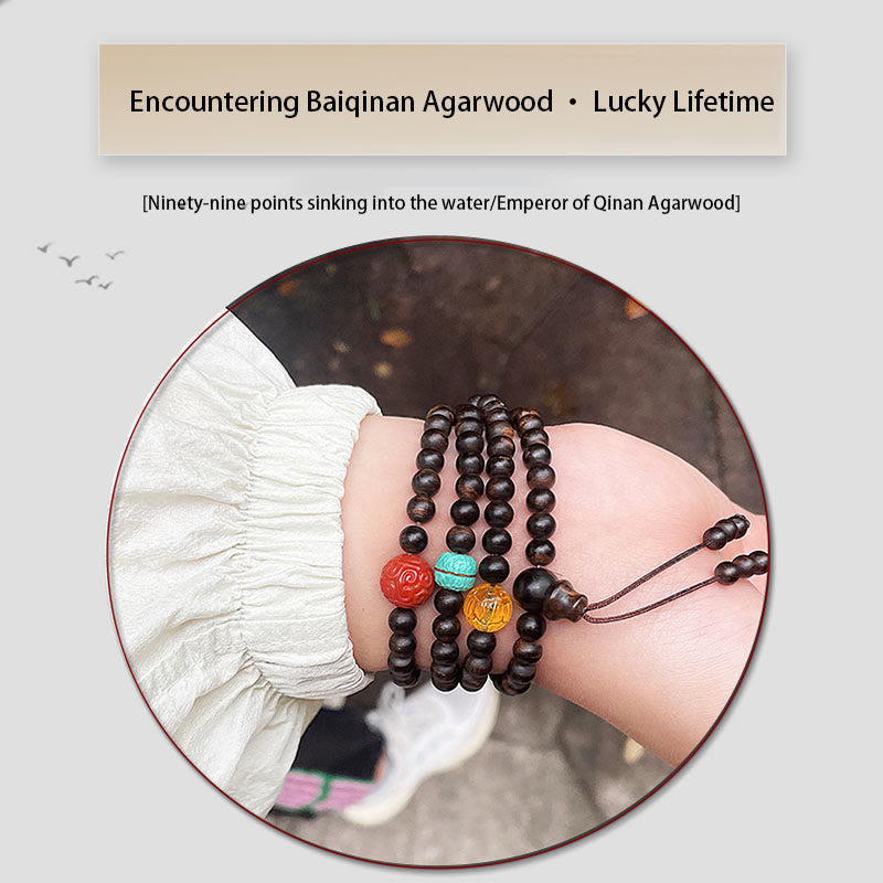 Agarwood Bracelet with Turquoise Amber & Red Agate for Strength