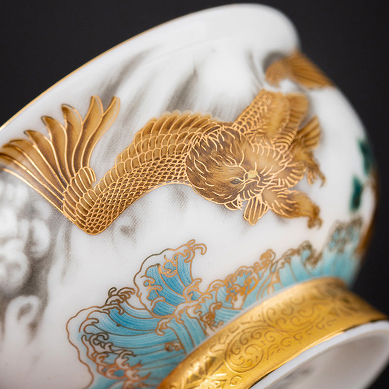 Golden Eagle & Auspicious Dragon Gilt Ceramic Tea Set with Gift Box