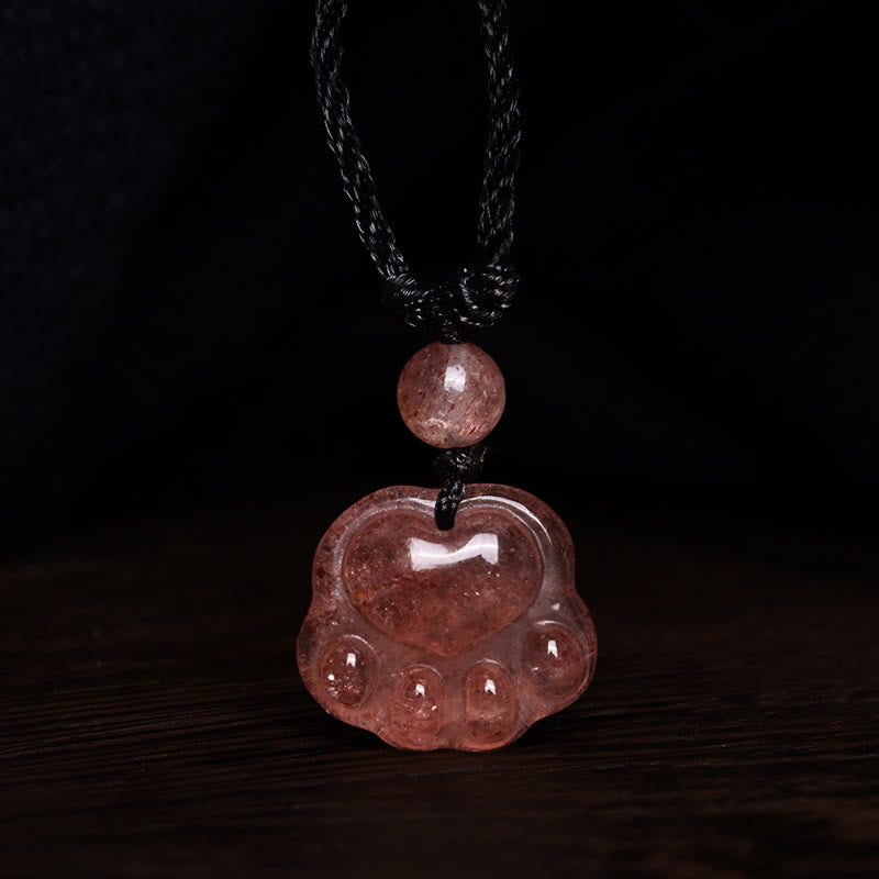 Strawberry Quartz Love Healing Cat Paw Pendant Necklace
