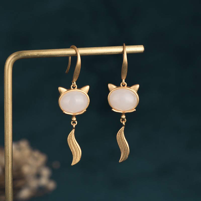 FengShui White Jade Fox Fortune Earrings 45mm Drop