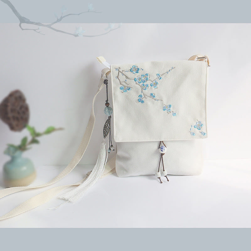 Handmade Canvas Crossbody Bag with Plum Flowers 20x23cm