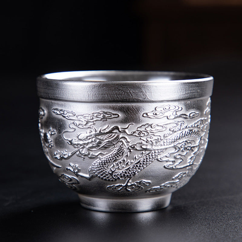 Ceramic Tea Cup with Dragon Phoenix & Fu Character Art - Zen Decor