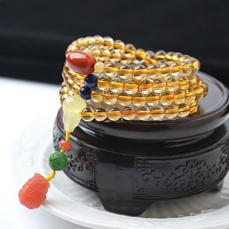 108 Bead Citrine and Amber Gemstone Mala Bracelet for Peace