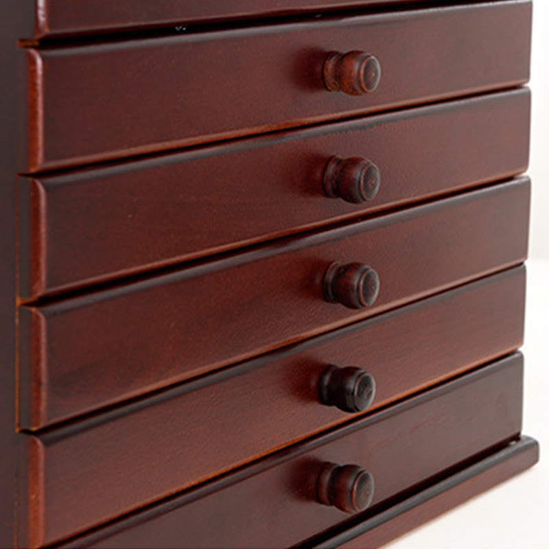 Six-Layer Wooden Jewelry Box with Vintage Plum Blossom Carvings