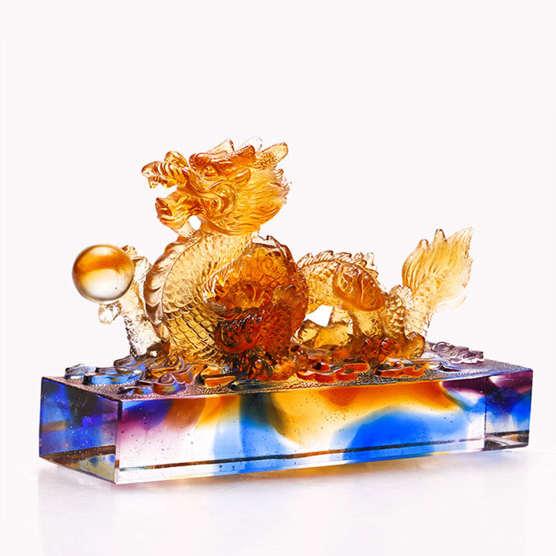 Multicolored Liuli Chinese Dragon Statue 6.3 Inch Feng Shui Piece