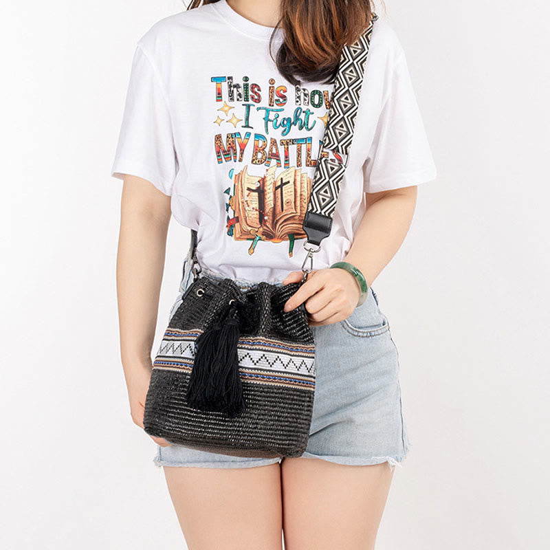 Straw Woven Geometric Bucket Bag with Tassels for Beach
