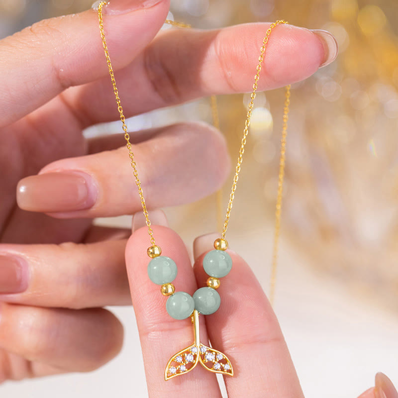 925 Sterling Silver Hetian Jade Luck Fishtail Necklace