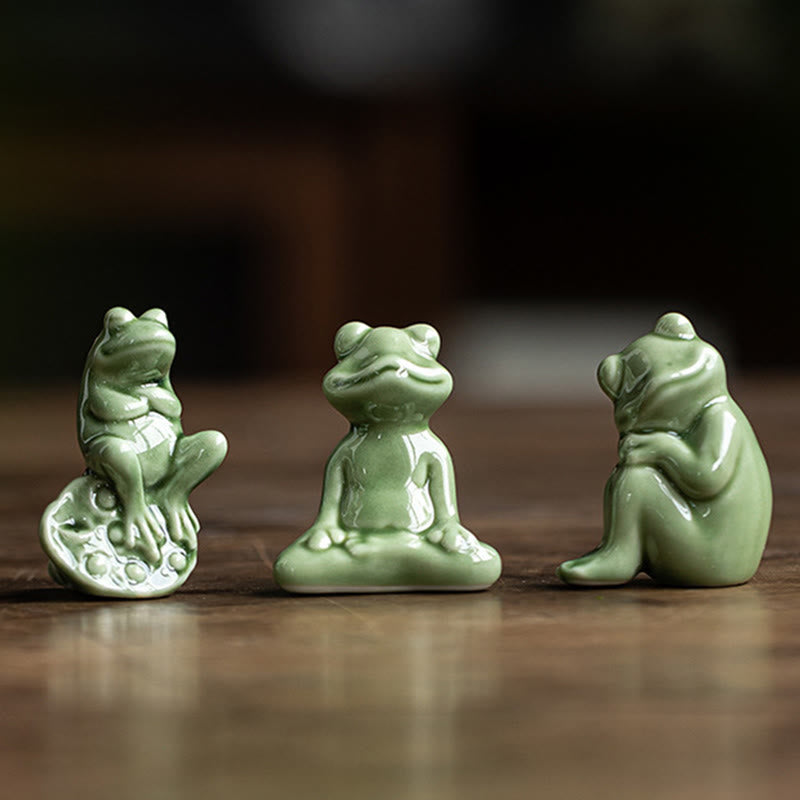 Mini Ceramic Meditation Frog Figurine for Luck & Wealth