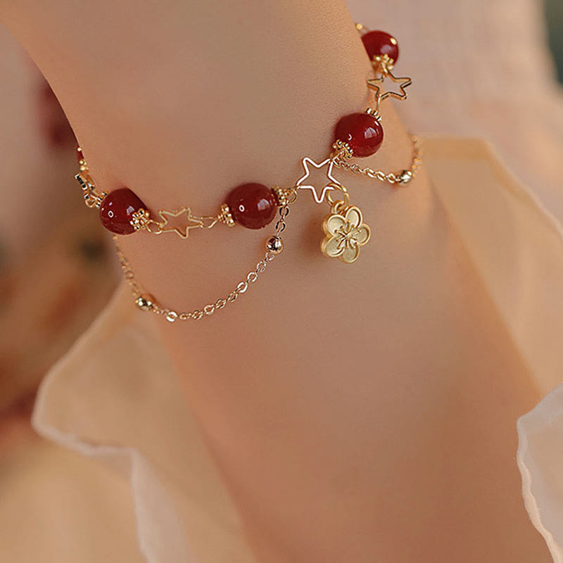 8mm Red Agate Calm Bracelet with Star Flower Charm