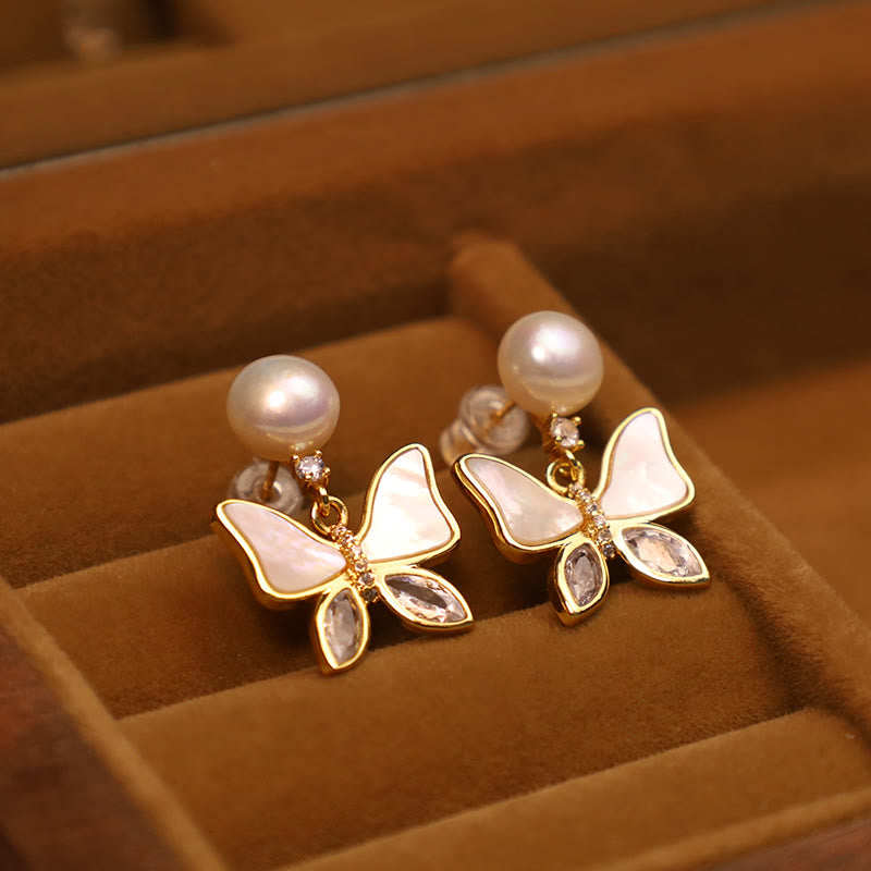 Natural Abalone Shell Pearl Stud Earrings with Butterfly Design