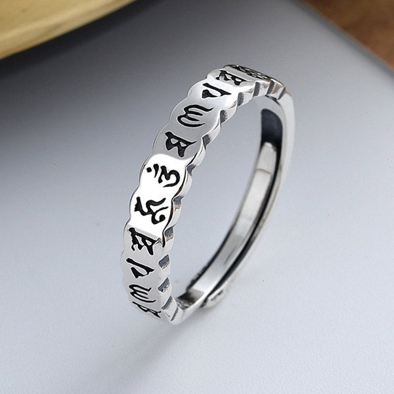 925 Sterling Silver Om Mani Padme Hum Ring | Adjustable Calm Wisdom