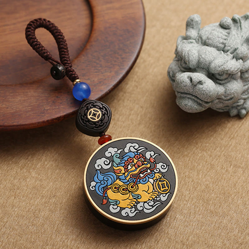 Pixiu Copper Coin Ebony Wood Luck Key Chain