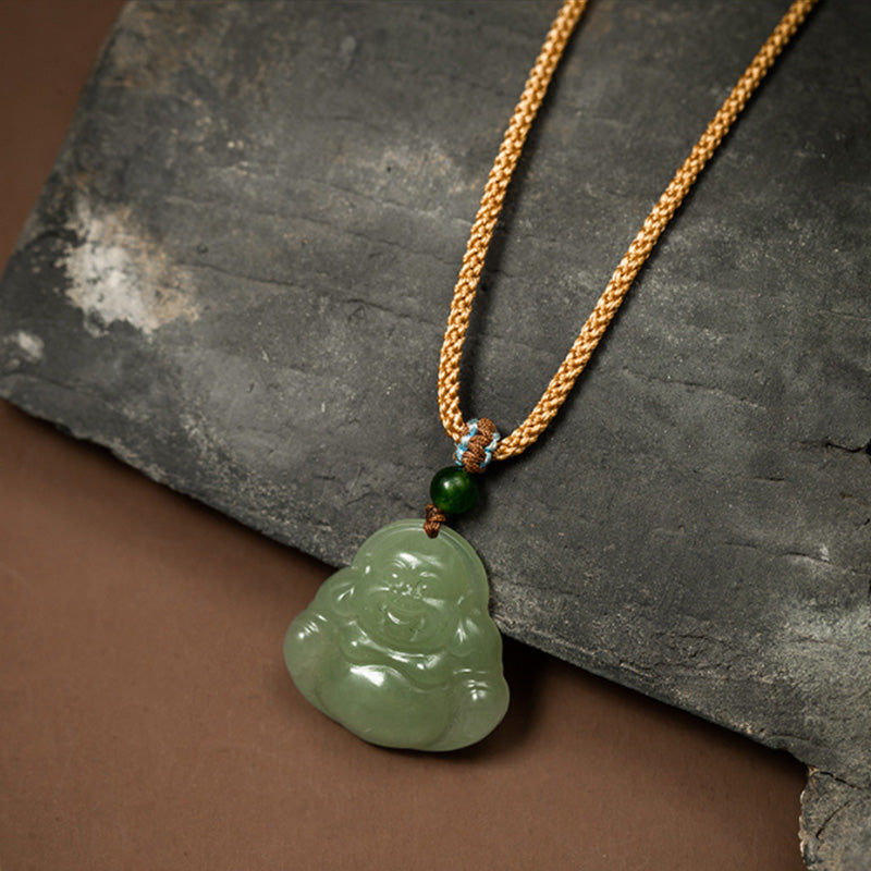 Laughing Buddha Jade Lotus Prosperity String Necklace