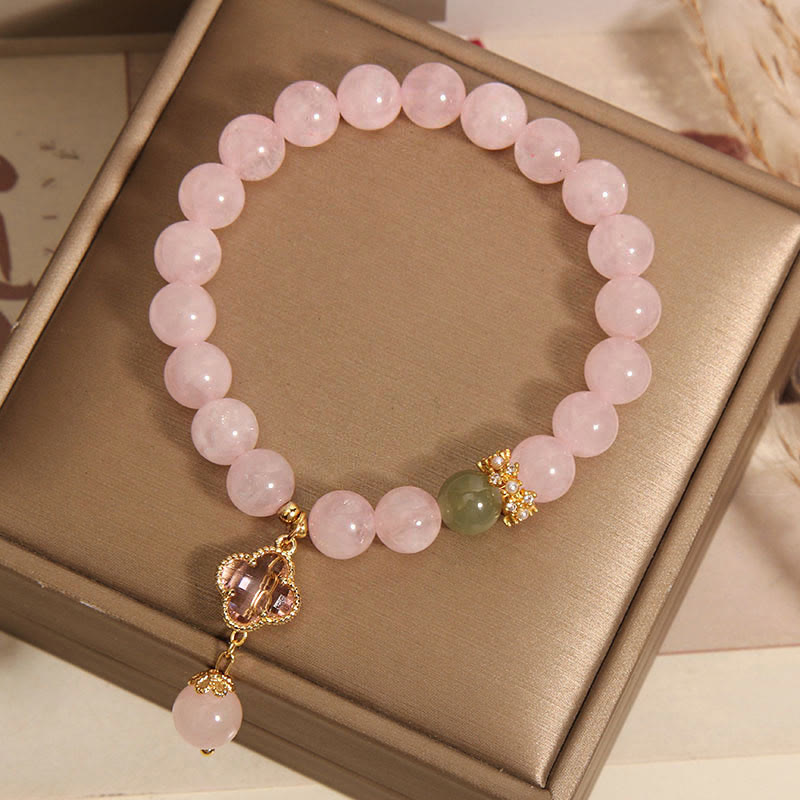 8mm Pink Crystal Soothing Four Leaf Clover Bracelet