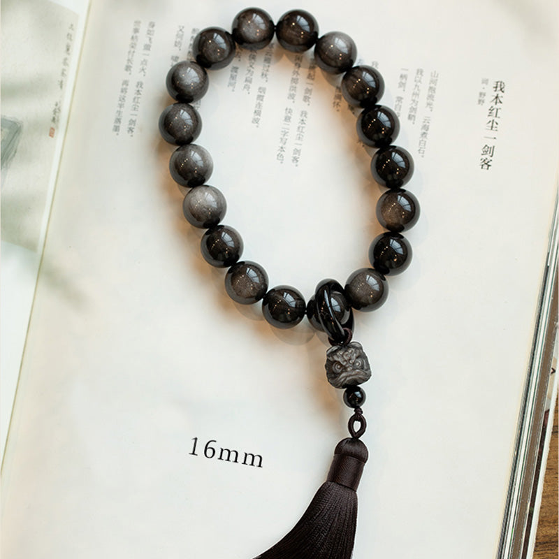 16mm Silver Sheen Obsidian Lion Wrist Mala for Protection & Wisdom