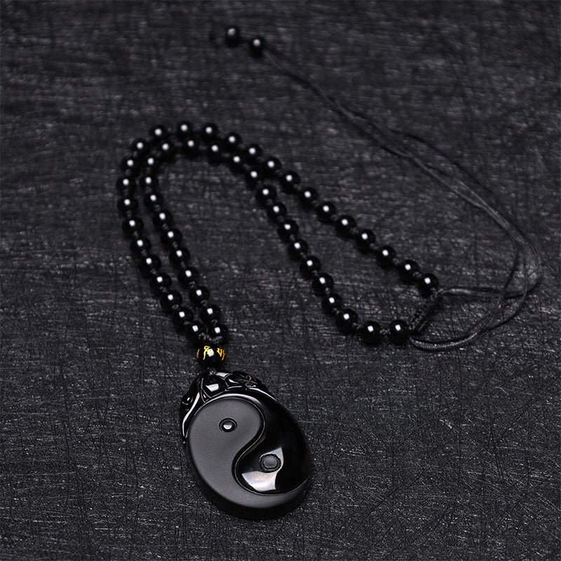 Black Obsidian Yin Yang Fulfilment Strength Pendant Necklace