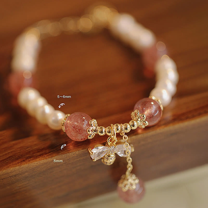 Healing Pearl Strawberry Quartz Bracelet with Honey Bee Charm
