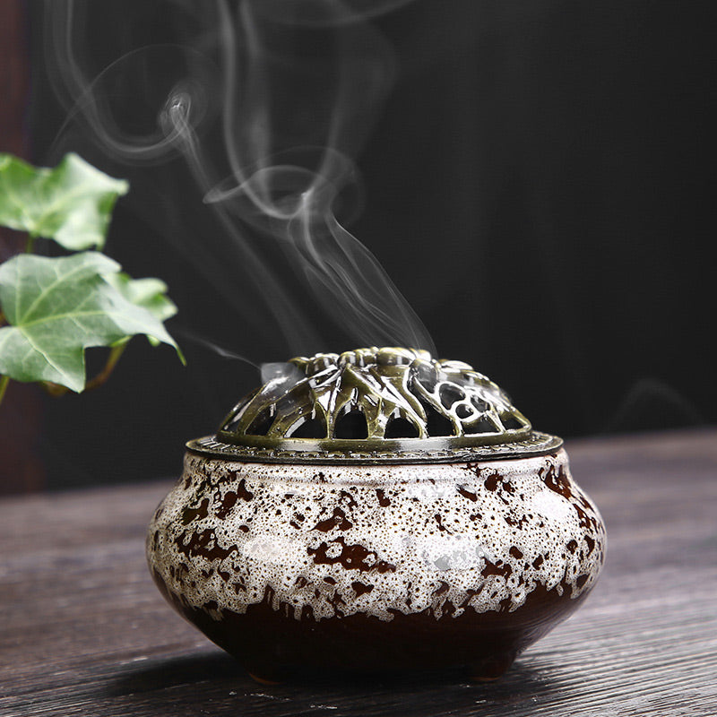 Flower Pattern Ceramic Incense Burner for Meditation & Blessing