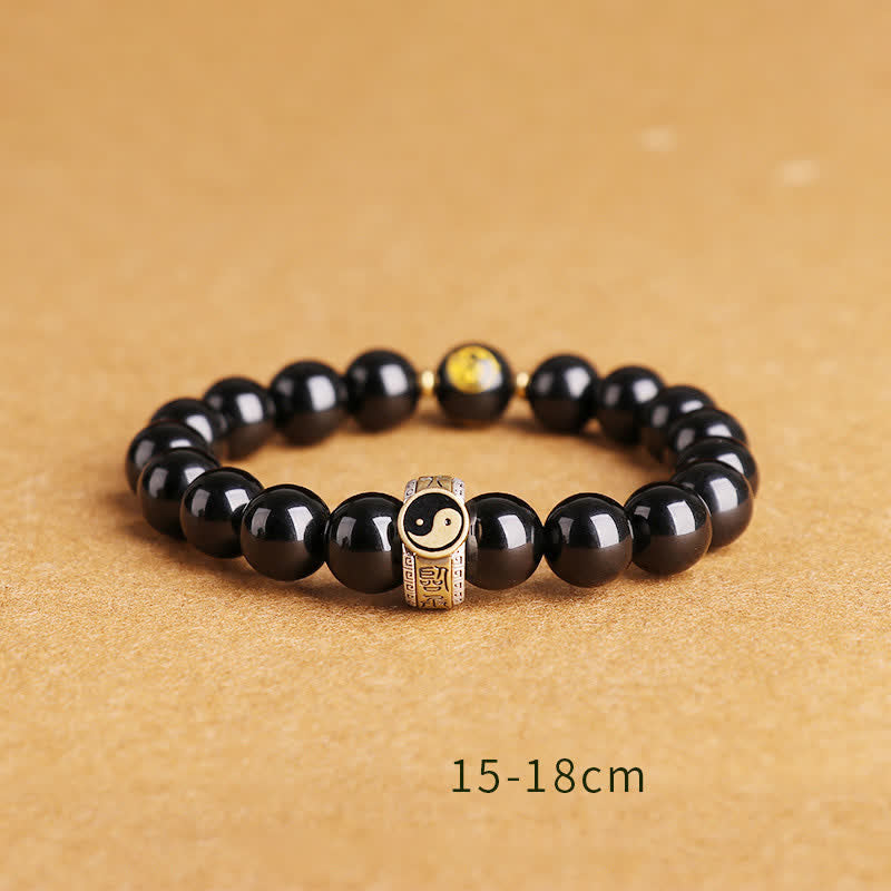 10mm Yin Yang Obsidian Protection Bracelet Sterling Silver