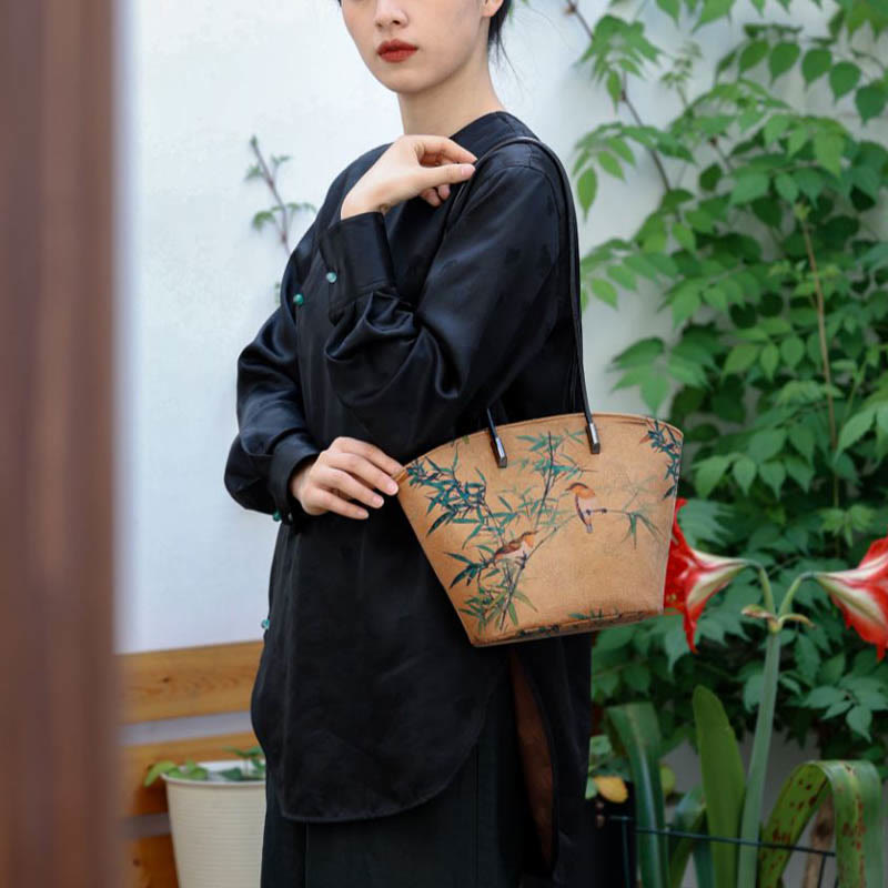 Vintage Bamboo Magpie Large Capacity Shoulder Bag with Peony Butterfly