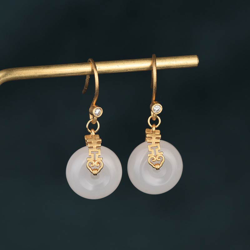 White Jade Double Happiness Fortune Earrings 1.34in Drop