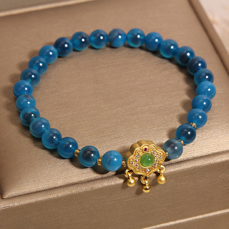 Blue Candy Agate Bracelet with Chinese Lock Charm for Protection