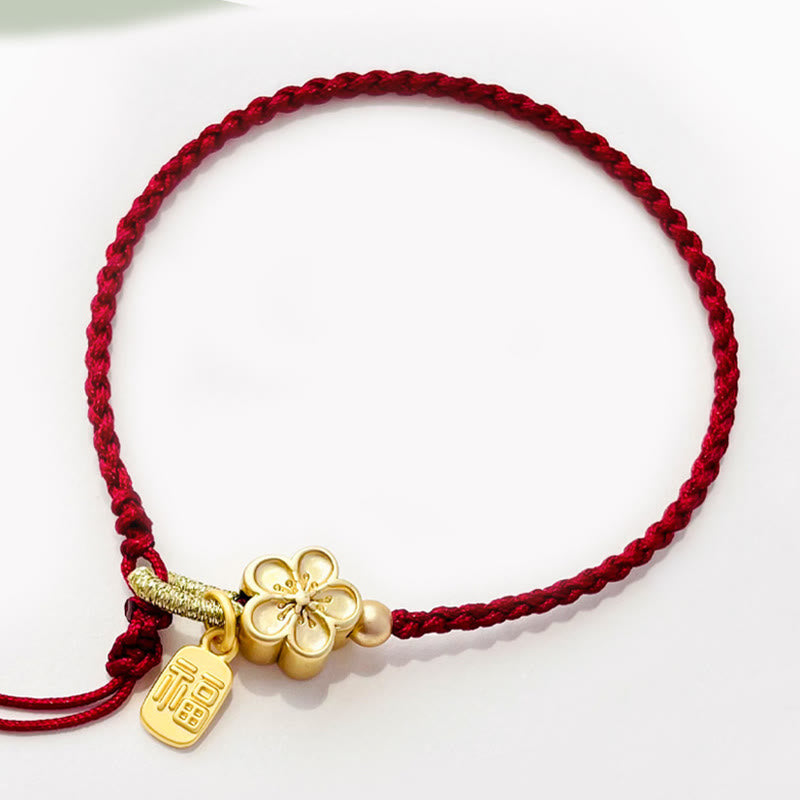 Red String Bracelet with Fu Character Charm and Peach Blossom Detail