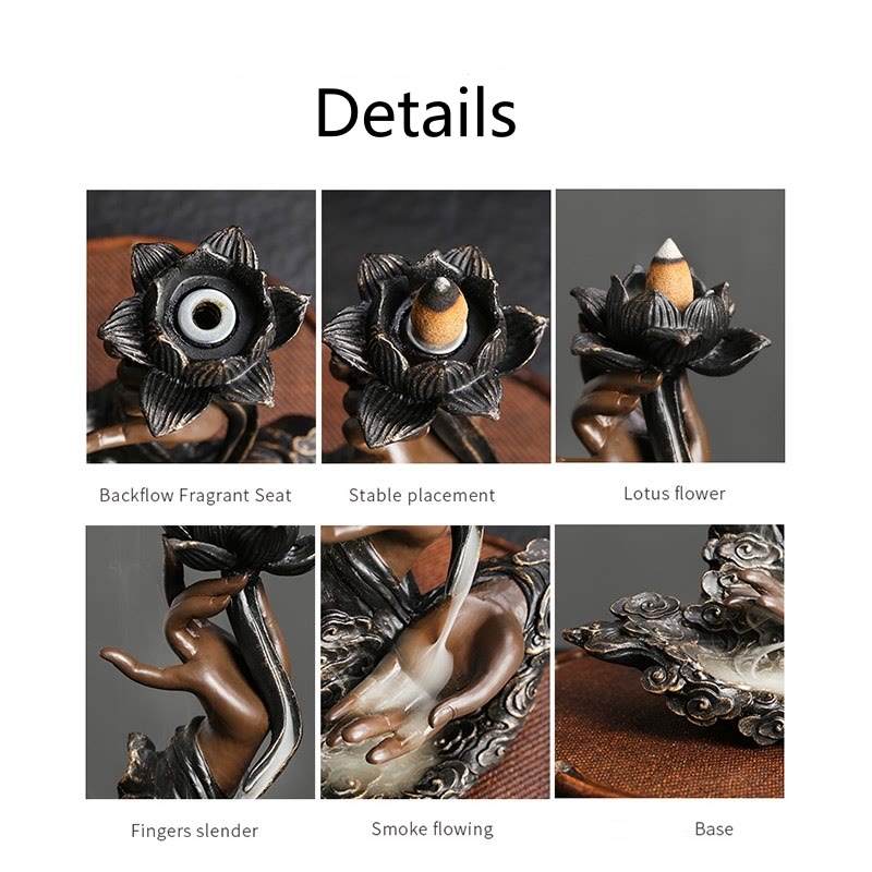 Lotus Buddha Hand Resin Backflow Incense Burner 17.9cm