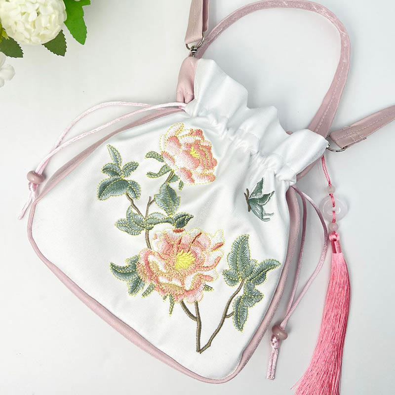 Cotton Linen Embroidered Osmanthus Peony Tote Bag 20cm