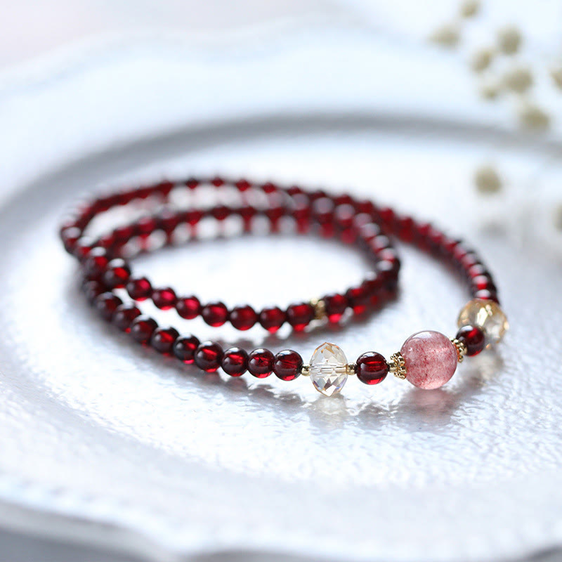14K Gold Garnet Strawberry Quartz Stability Bracelet